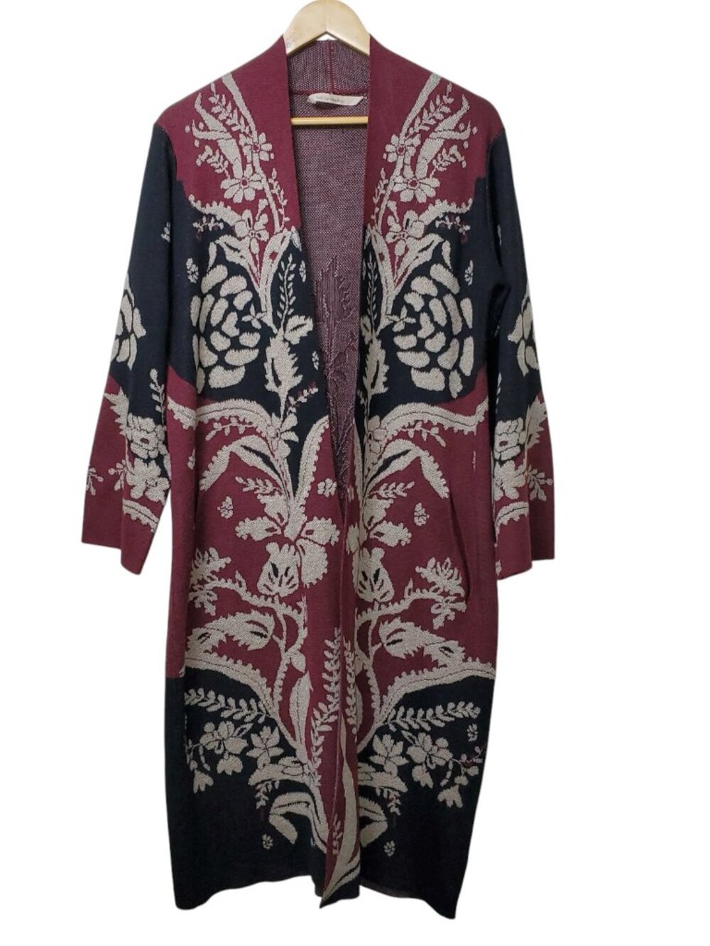 Soft Surroundings Annemarie Women's Long Open Black Burgundy Beige Cardigan Sz M